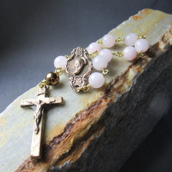 Rose Quartz Pocket Rosary, Bronze and Pink Quartz - Picture 1 of 9